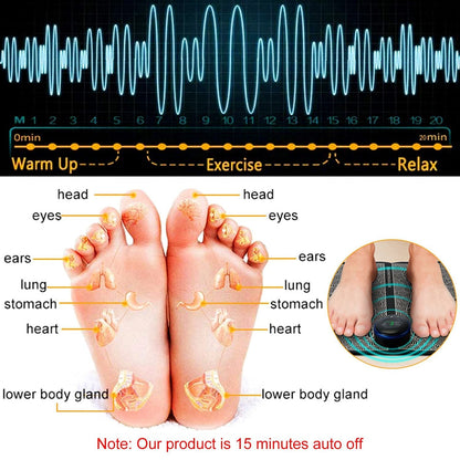 Black EMS foot massage pad with 6 modes and 10 intensity levels for muscle pain relief and leg reshaping