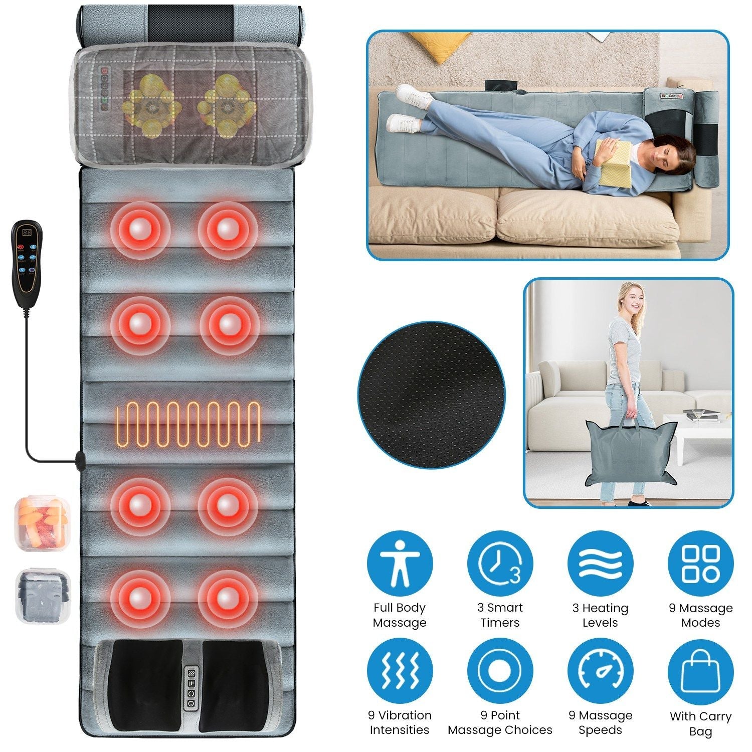 Full body electric massage mat with heating, vibration, detachable neck and foot massagers, pillows, and anti-slip bottom.