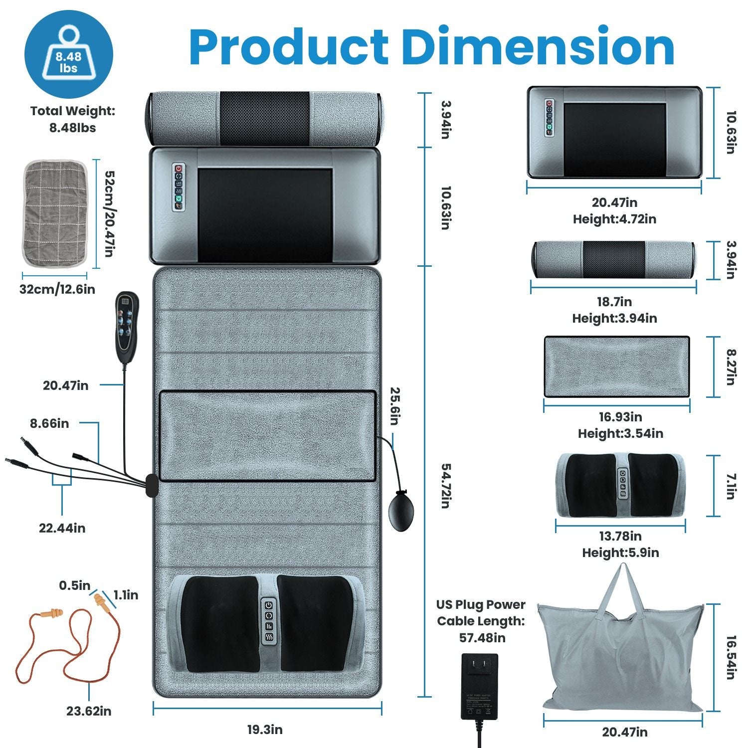 Full body electric massage mat with heating, vibration, detachable neck and foot massagers, head and lumbar pillows, timer, and anti-slip bottom.