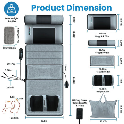 Full body electric massage mat with heating, vibration, detachable neck and foot massagers, head and lumbar pillows, timer, and anti-slip bottom.