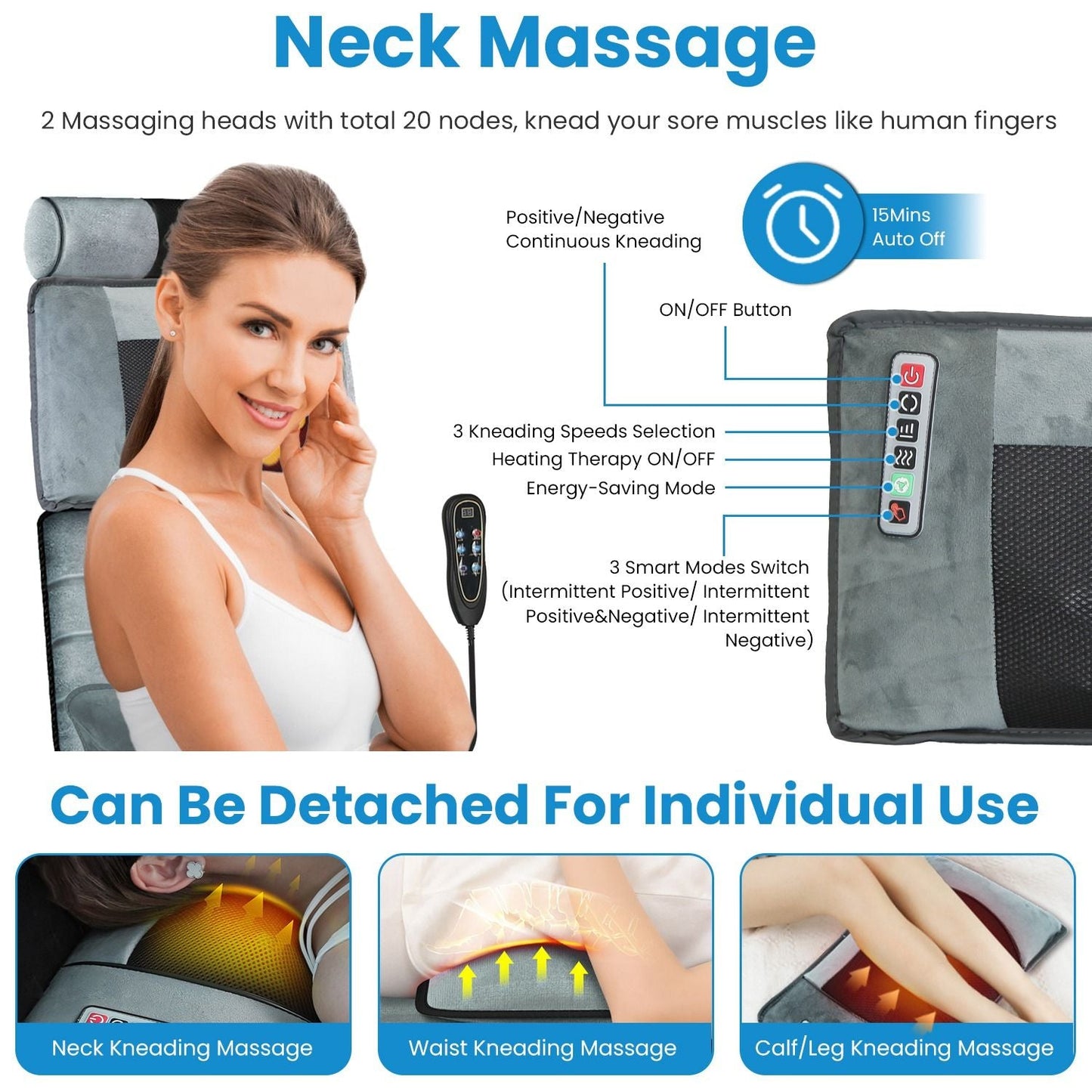 Full body electric massage mat with heating, vibration, detachable neck and foot massagers, head and lumbar pillows, timer, and anti-slip bottom.