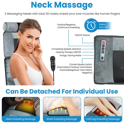 Full body electric massage mat with heating, vibration, detachable neck and foot massagers, head and lumbar pillows, timer, and anti-slip bottom.