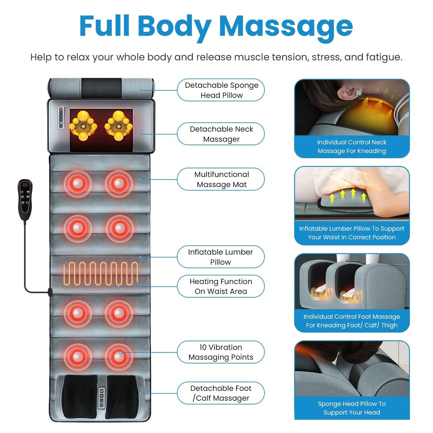 Full body electric massage mat with heating, vibration, detachable neck and foot massagers, head and lumbar pillows, timer, and anti-slip bottom