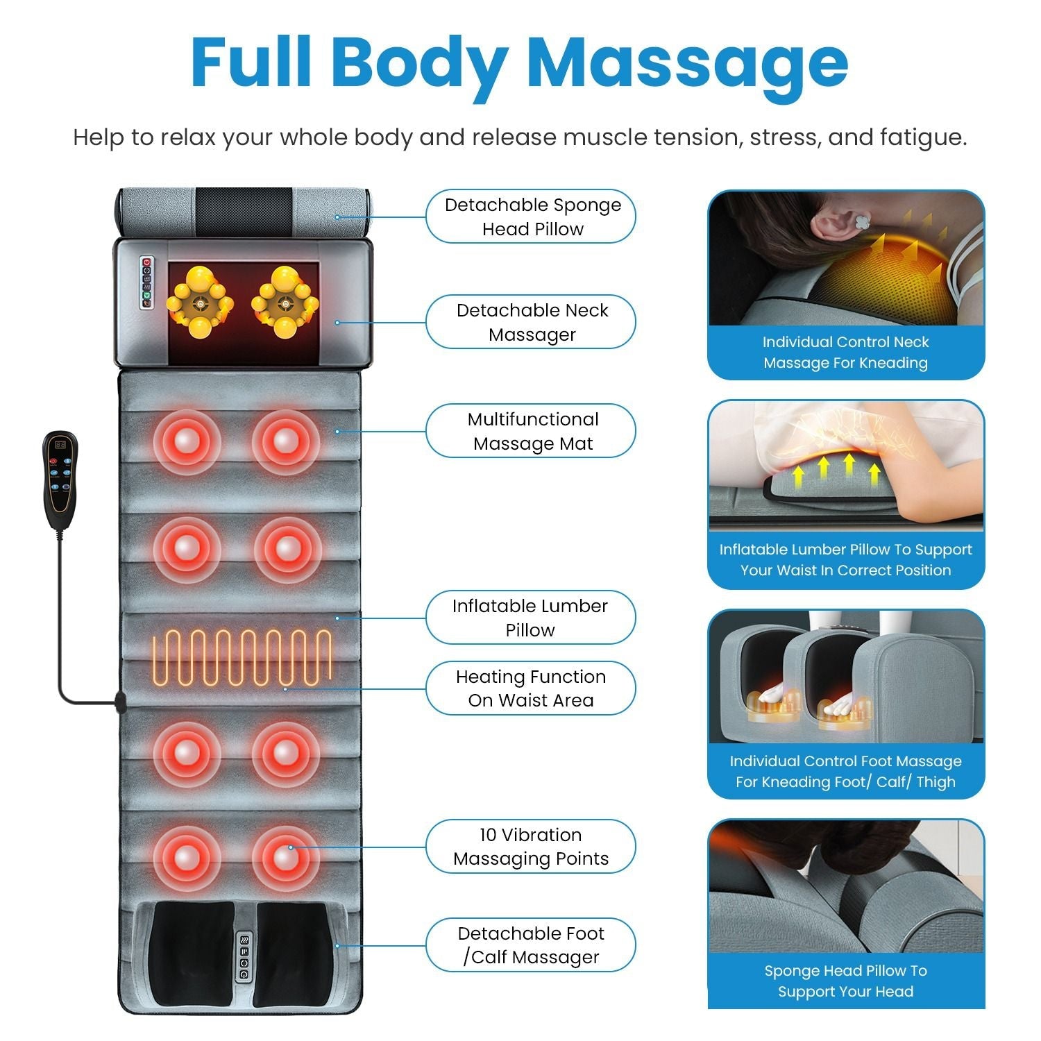 Full body electric massage mat with heating, vibration, detachable neck and foot massagers, head and lumbar pillows, timer, and anti-slip bottom