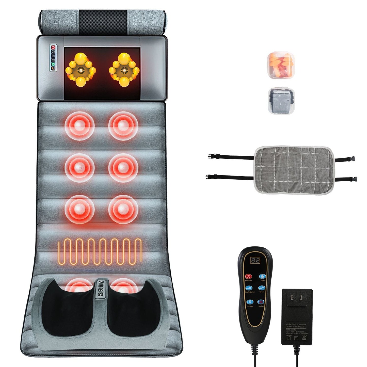 Full body electric massage mat with heating, vibration, detachable neck and foot massagers, inflatable lumbar pillow, and head pillow on grey velvet cushion