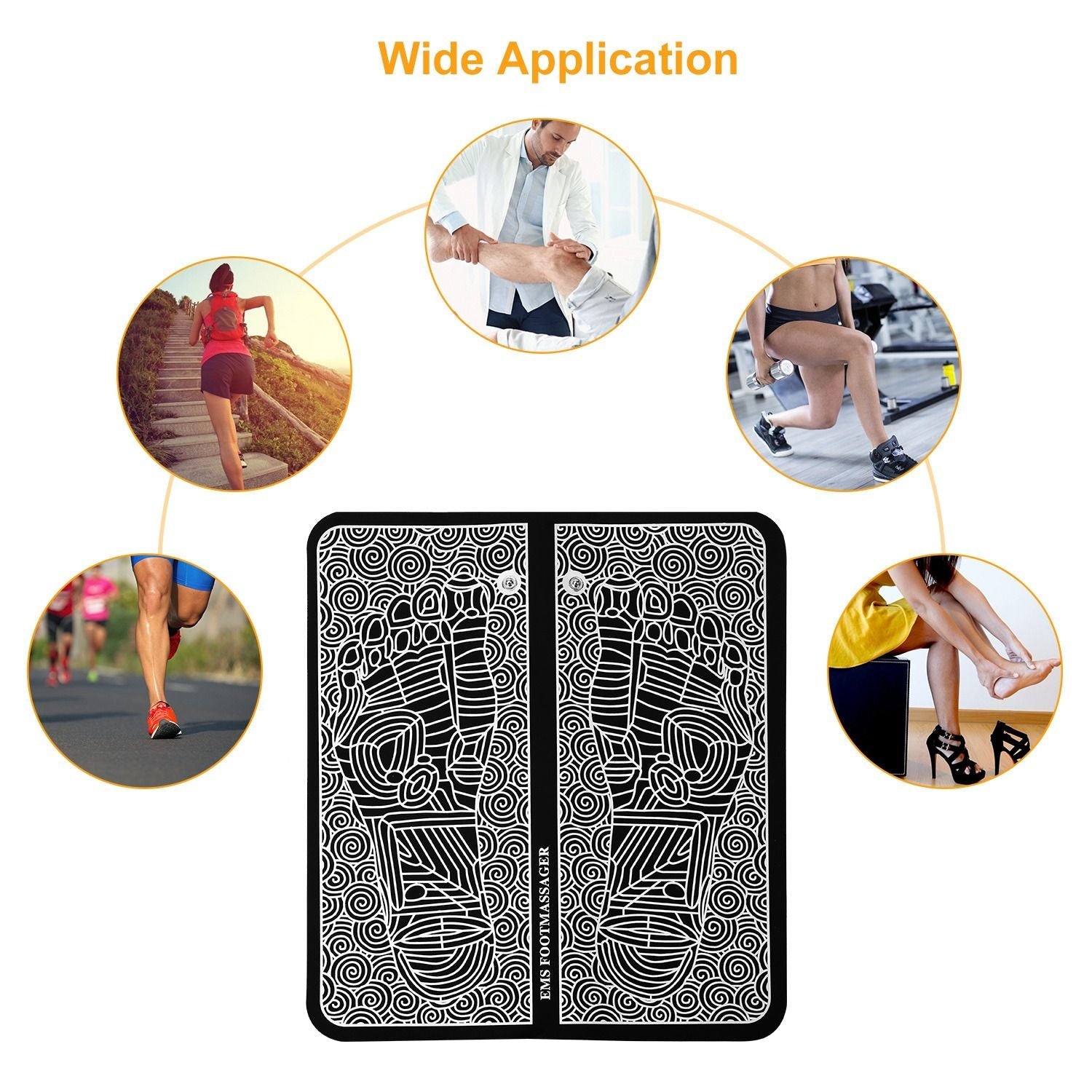 Black EMS foot massage pad with 6 modes and 10 intensity levels for muscle pain relief and leg reshaping.