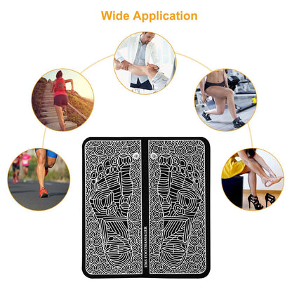 Black EMS foot massage pad with 6 modes and 10 intensity levels for muscle pain relief and leg reshaping.