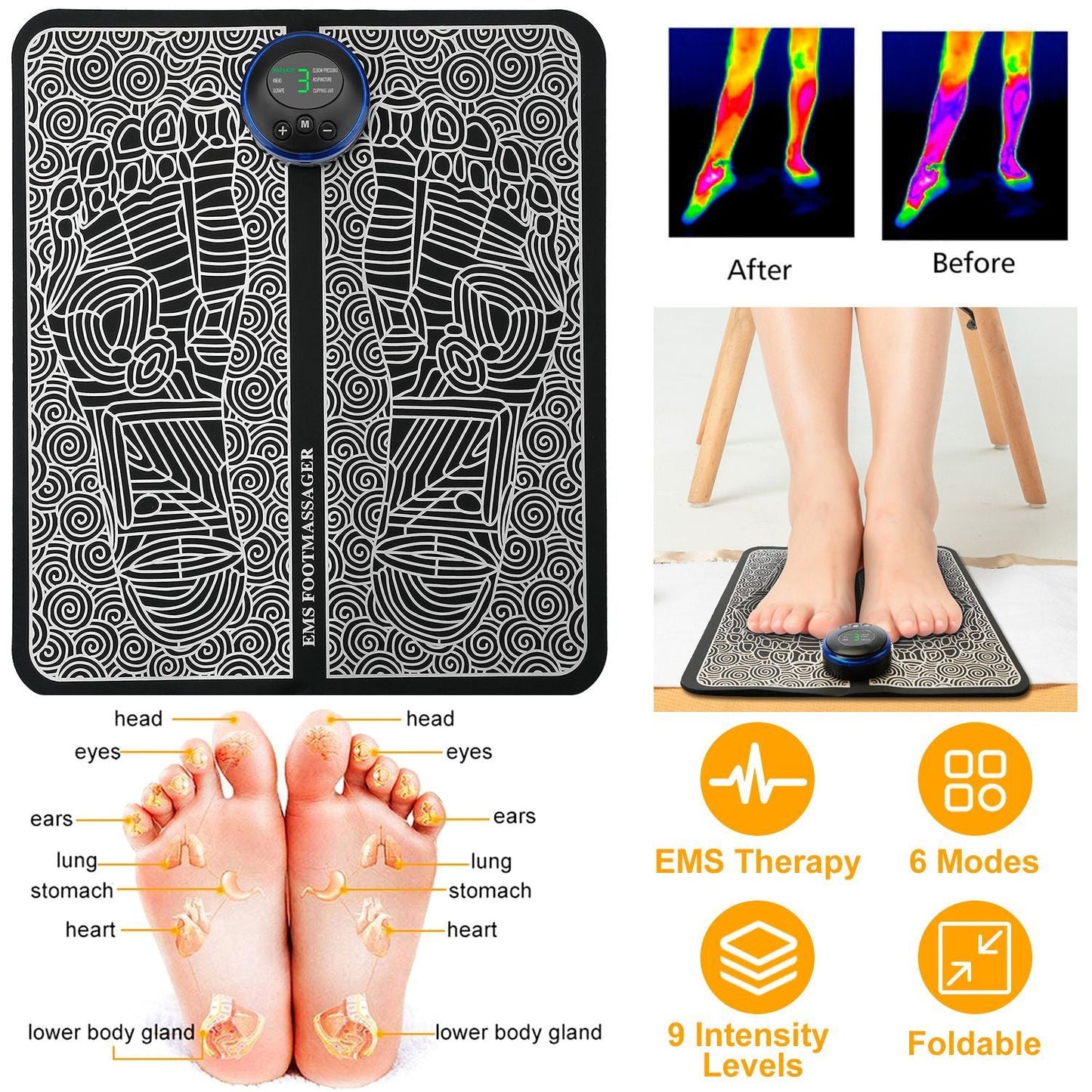 Black EMS foot massage pad electric stimulator with 6 modes and 9 intensity levels for muscle pain relief and leg reshaping