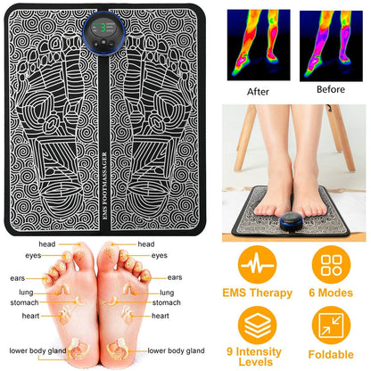 Black EMS foot massage pad electric stimulator with 6 modes and 9 intensity levels for muscle pain relief and leg reshaping