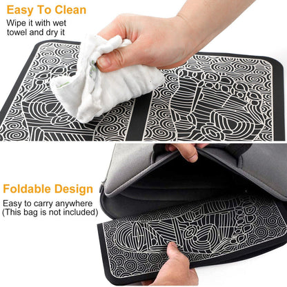Black EMS foot massage pad with USB cable and control buttons for leg and muscle pain relief