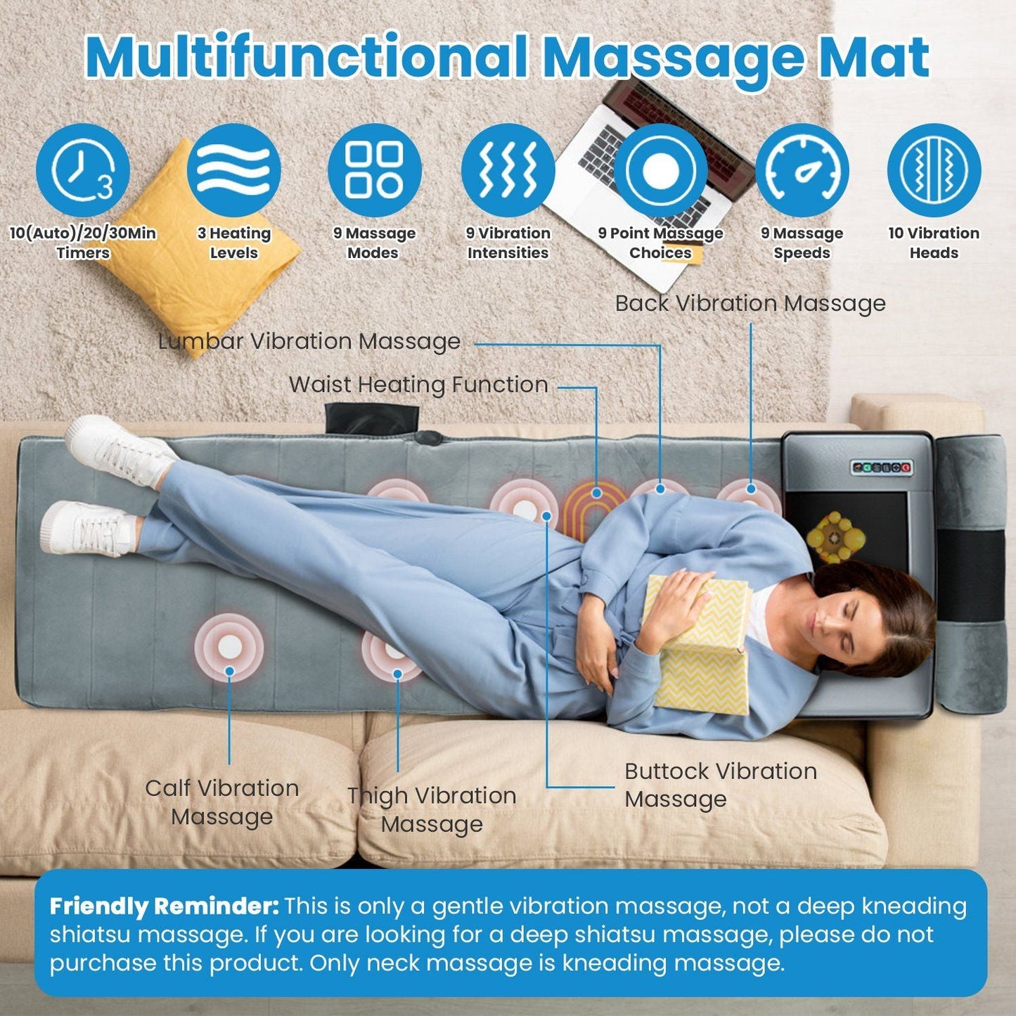 Full body electric massage mat with heating, vibration, neck and foot massagers, head pillow, lumbar pillow, and earplugs