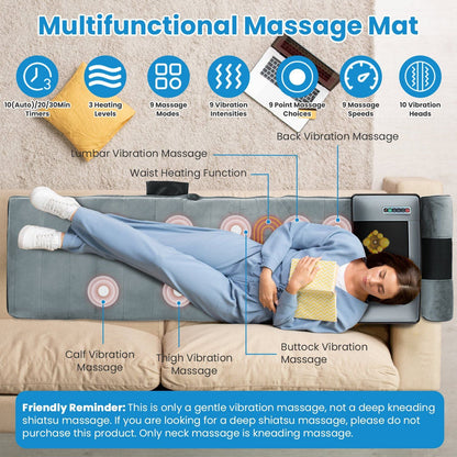 Full body electric massage mat with heating, vibration, neck and foot massagers, head pillow, lumbar pillow, and earplugs