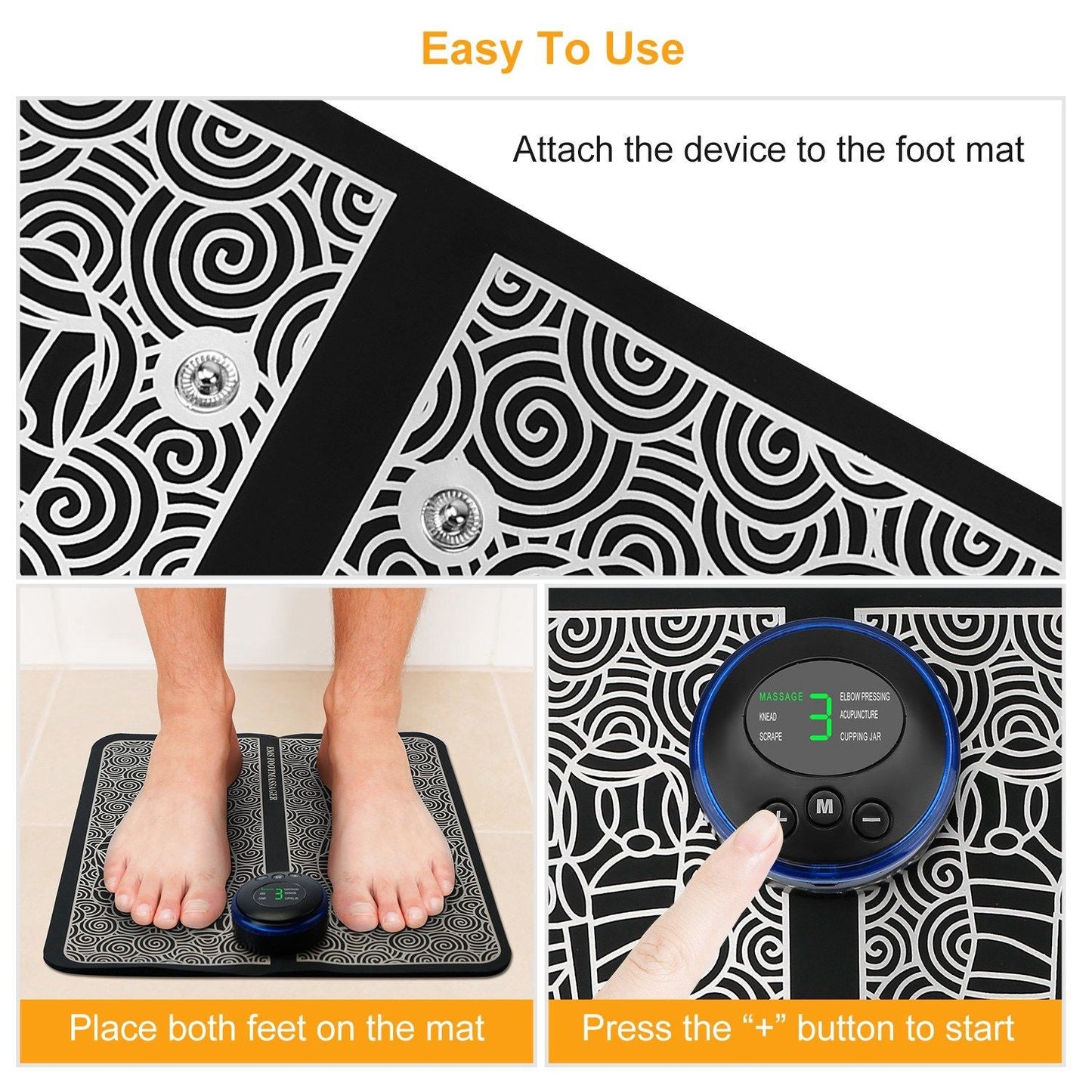 Black EMS foot massage pad with electric stimulator and USB cable on white background