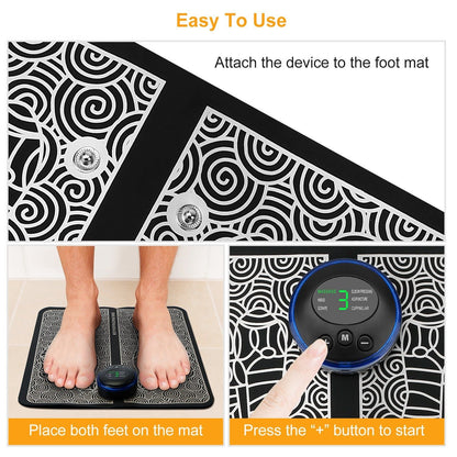 Black EMS foot massage pad with electric stimulator and USB cable on white background