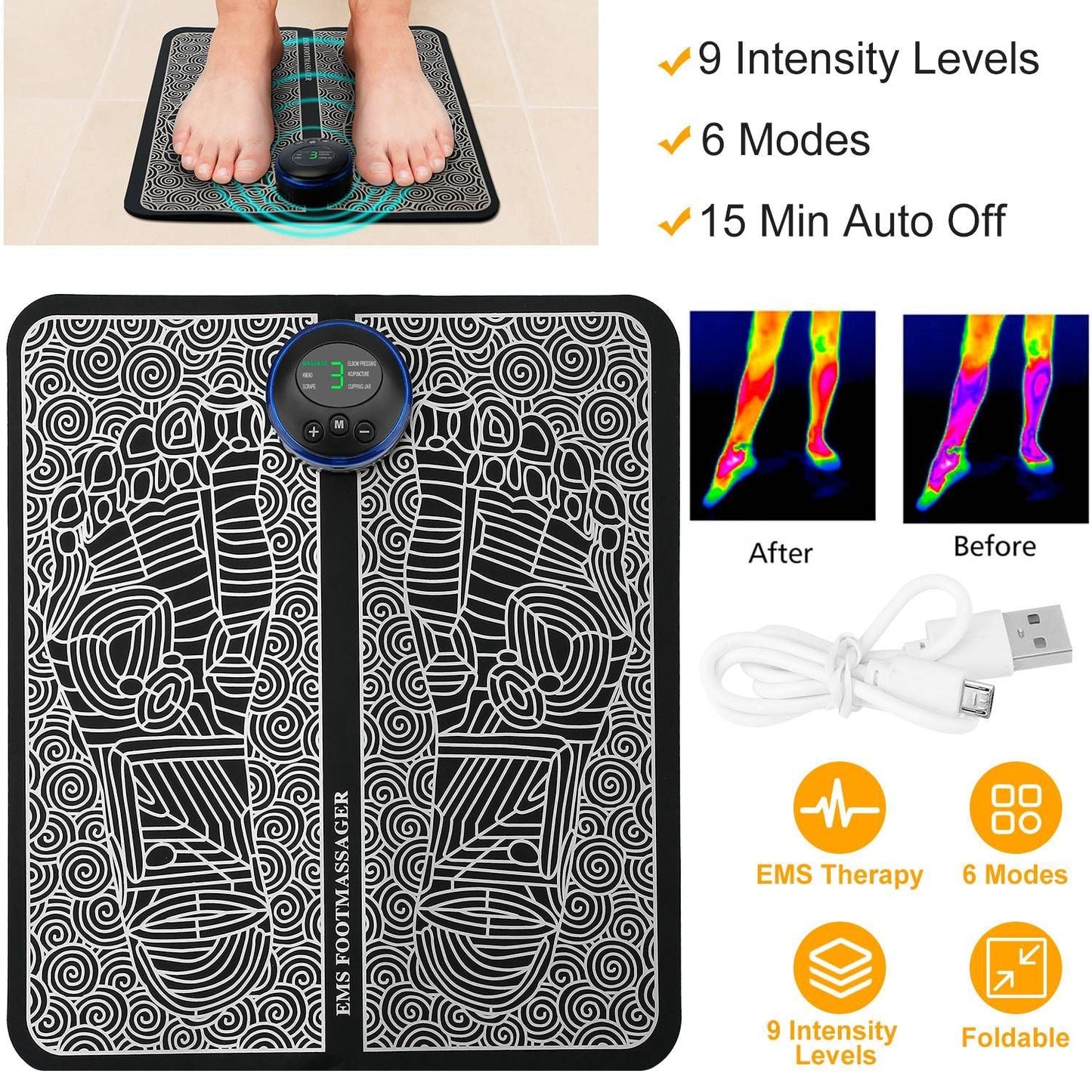 EMS foot massage pad electric stimulator with 6 modes and 9 intensity levels for leg reshaping and muscle pain relief