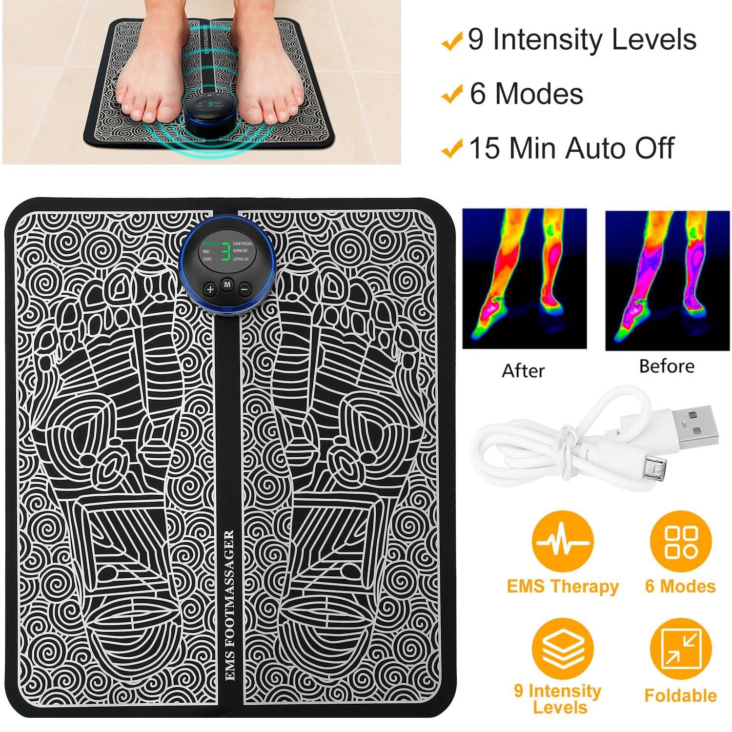 EMS foot massage pad electric stimulator with 6 modes and 9 intensity levels for leg reshaping and muscle pain relief