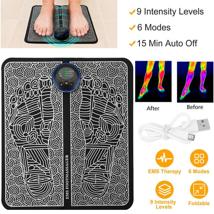 EMS foot massage pad electric stimulator with 6 modes and 9 intensity levels for leg reshaping and muscle pain relief