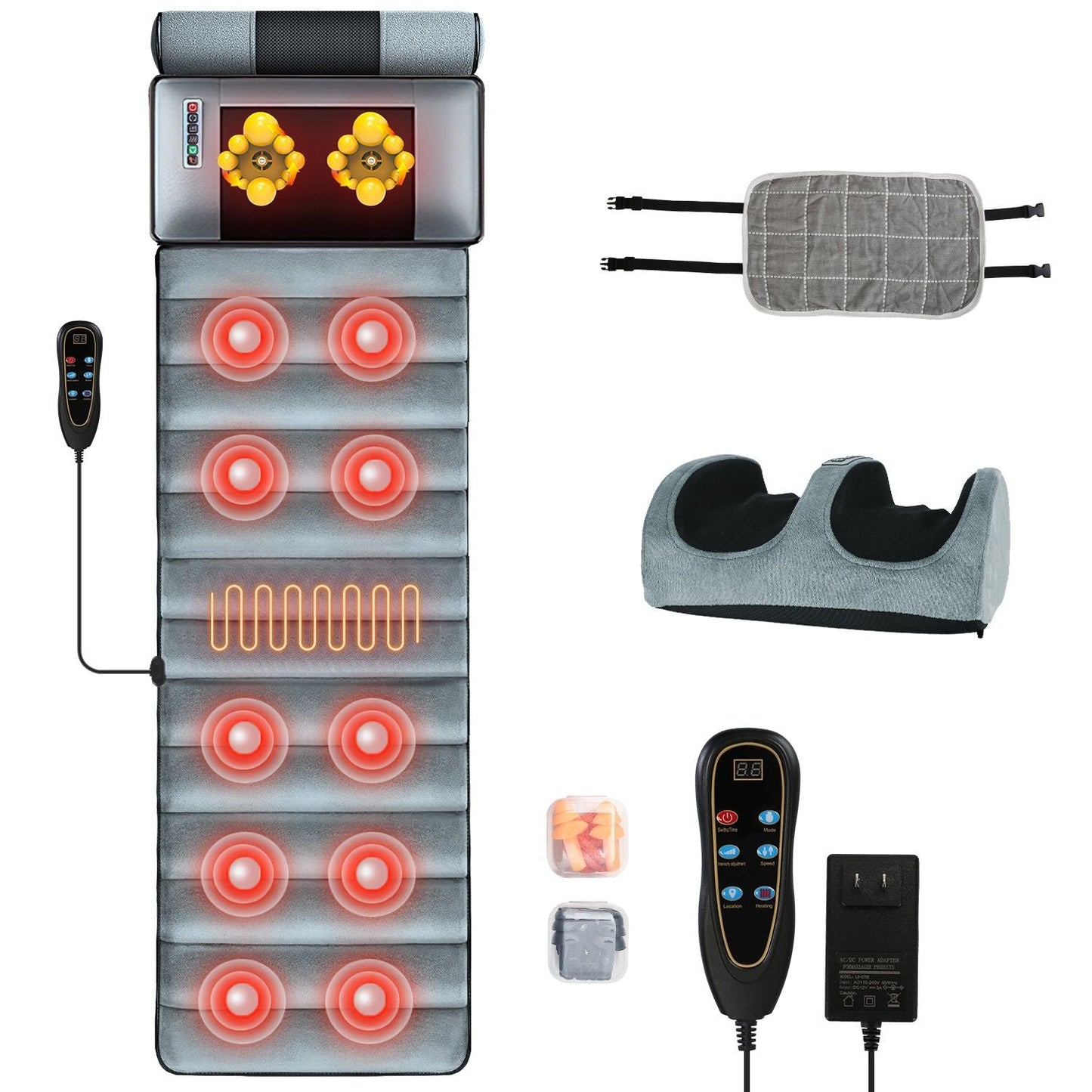 Full body electric massage mat with heating, vibration, detachable neck and foot massagers, head pillow, lumbar support, timer, and anti-slip bottom