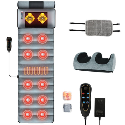 Full body electric massage mat with heating, vibration, detachable neck and foot massagers, head pillow, lumbar support, timer, and anti-slip bottom
