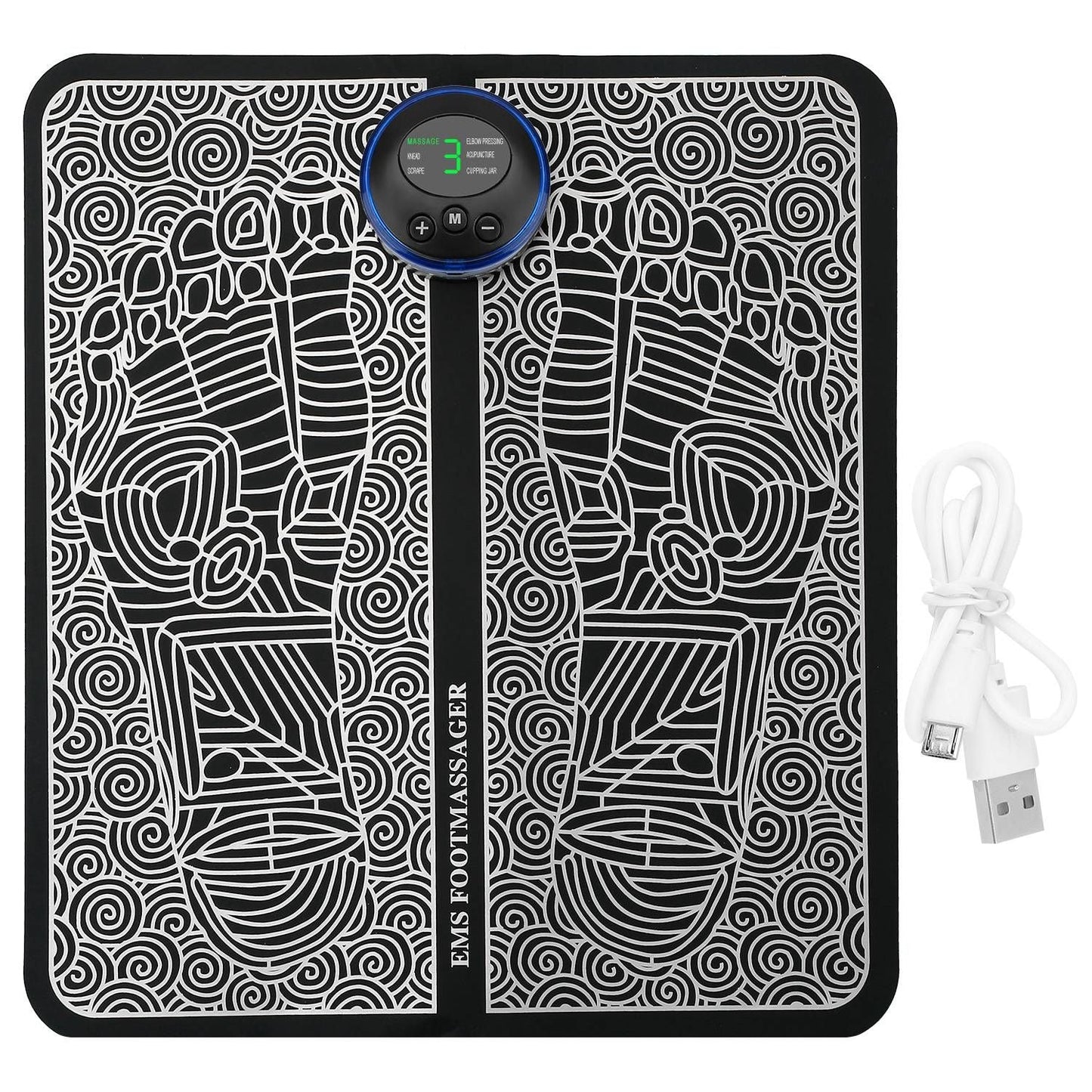 Black EMS foot massage pad with electric stimulator and USB cable on white background