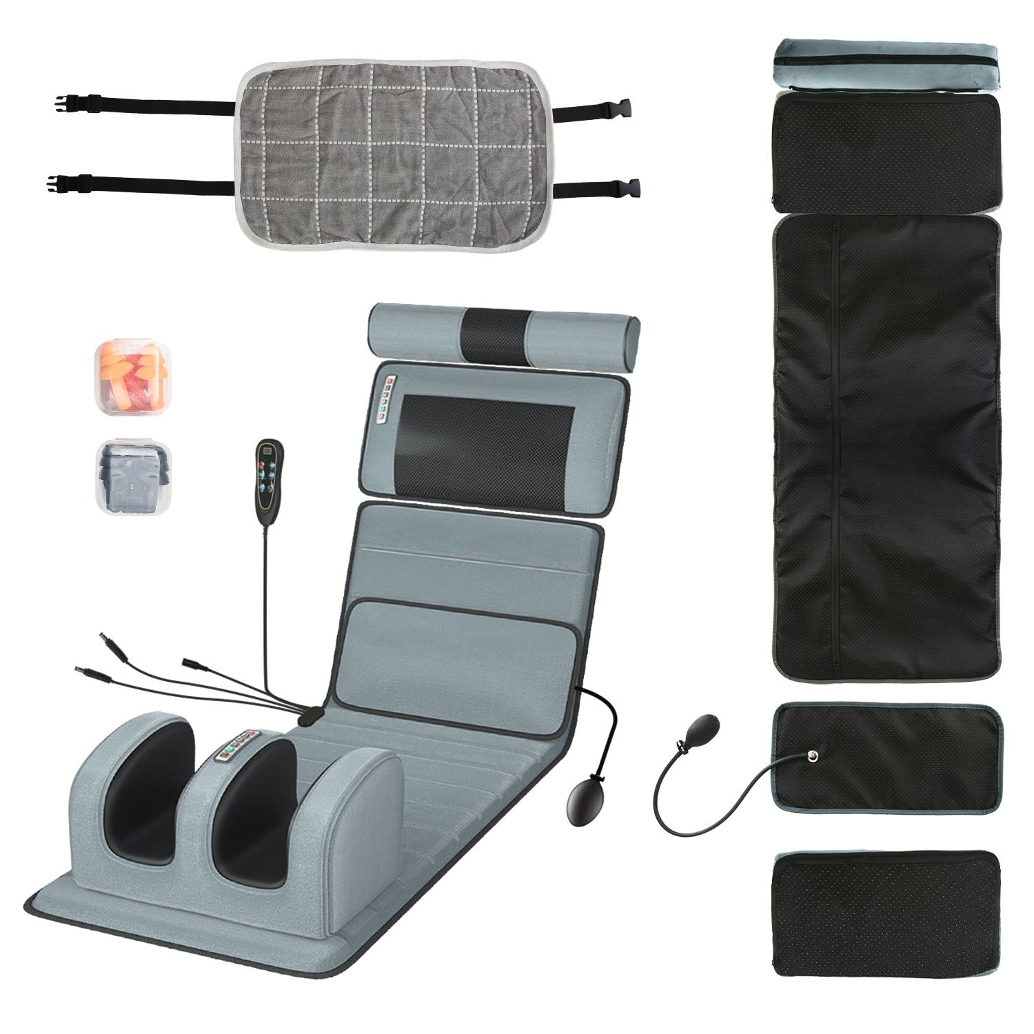 Full body electric massage mat with heating, vibration, neck and foot massagers, pillows, and anti-slip bottom