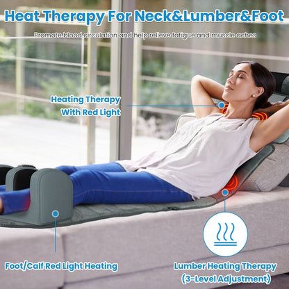 Full body electric massage mat with heating, vibration, detachable neck and foot massagers, head pillow, inflatable lumbar pillow, timer, and anti-slip bottom