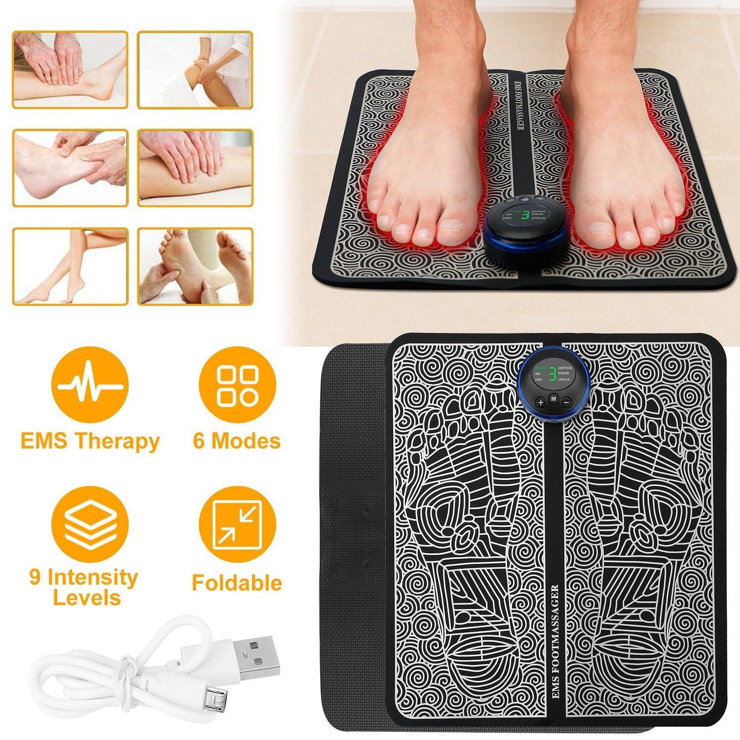 EMS Foot Massage pad electric stimulator with 6 modes and 10 intensity levels for foot and leg pain relief