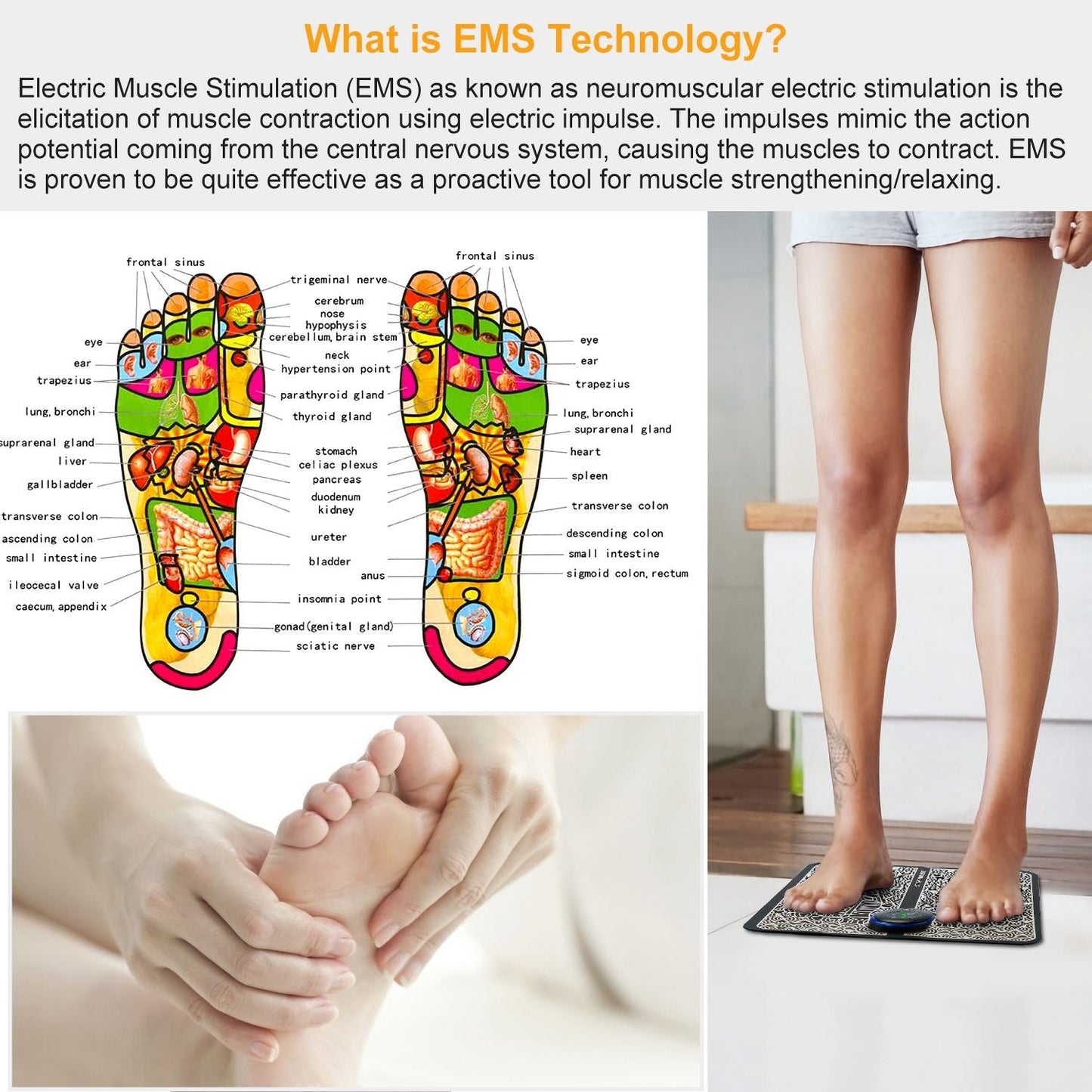 EMS foot massage pad electric stimulator with 6 modes and 9 intensity levels for muscle pain relief and leg reshaping