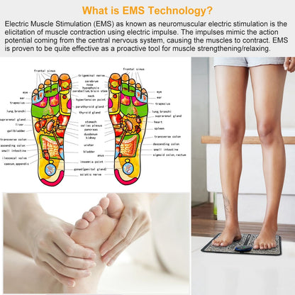 EMS foot massage pad electric stimulator with 6 modes and 9 intensity levels for muscle pain relief and leg reshaping