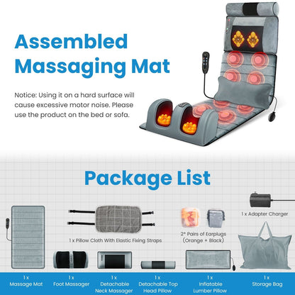 Full body electric massage mat with heating, vibration, detachable neck and foot massagers, inflatable lumbar pillow, and earplugs