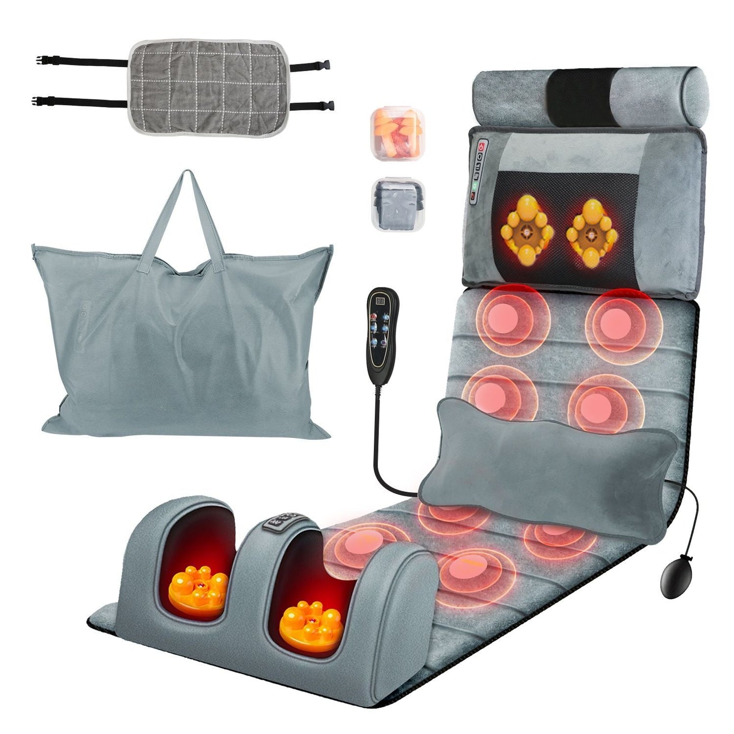 Full body electric massage mat with heating, vibration, neck and foot massagers, head and lumbar pillows, timer, and anti-slip bottom